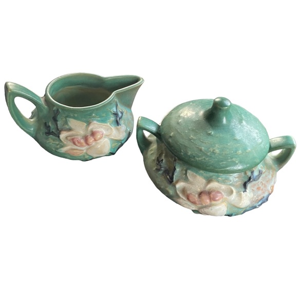 1940s Vintage Antique Roseville Pottery Magnolia Creamer & Closed Sugar with Lid - Picture 10 of 10
